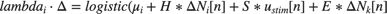 $$lambda_{i} \cdot \Delta = logistic(\mu_{i} + H*\Delta N_{i}[n] +
S*u_{stim}[n] + E*\Delta N_{k}[n]$$