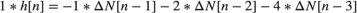 $$1*h[n]=-1*\Delta N[n-1]-2*\Delta N[n-2] -4*\Delta N[n-3]$$